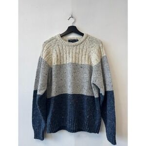 Vintage Architect Sweater Mens Medium Cream Gray Navy Colorblock Chunky Pullover